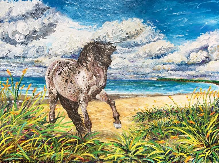 Speckle's Beach (30 x 40 inches) Oil on canvas textured finger painting by Saskia Skoric