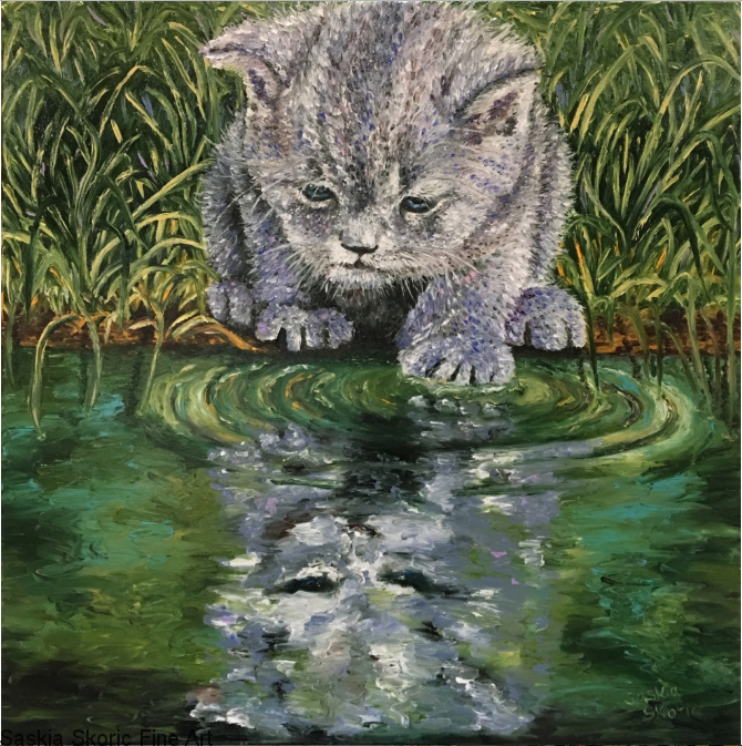 Curiosity Kitty 30 x 30 inches, textured finger painting by Saskia Skoric