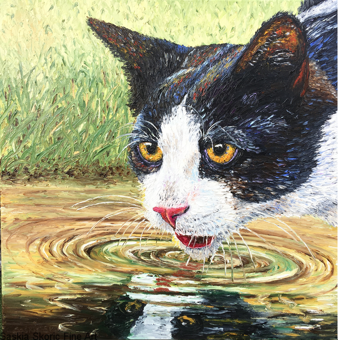 From a Golden Pond, fingerpainting oil painting cat portrait by Saskia Skoric