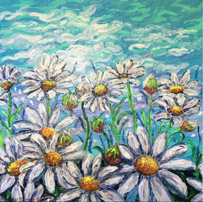 Daisy Boom, Oils, 20x20 inches textured finger painting by Saskia Skoric