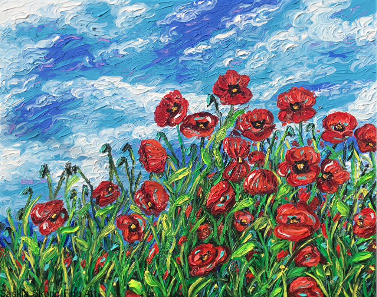 Poppy flowerscape oil painting fingerpainting impressionist Van Gogh style by Saskia Skoric