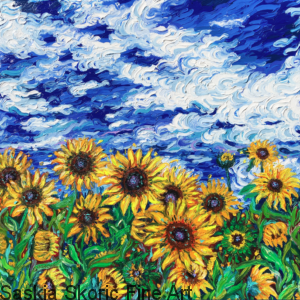 Sunflower flowerscape oil painting fingerpainting impressionist Van Gogh style by Saskia Skoric