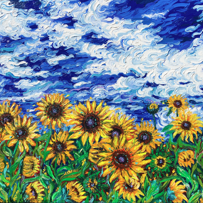 Sunflower flowerscape oil painting fingerpainting impressionist Van Gogh style by Saskia Skoric