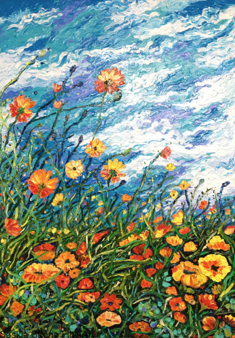 Flowerscape oil painting fingerpainting Van Gogh impressionist style by Saskia Skoric