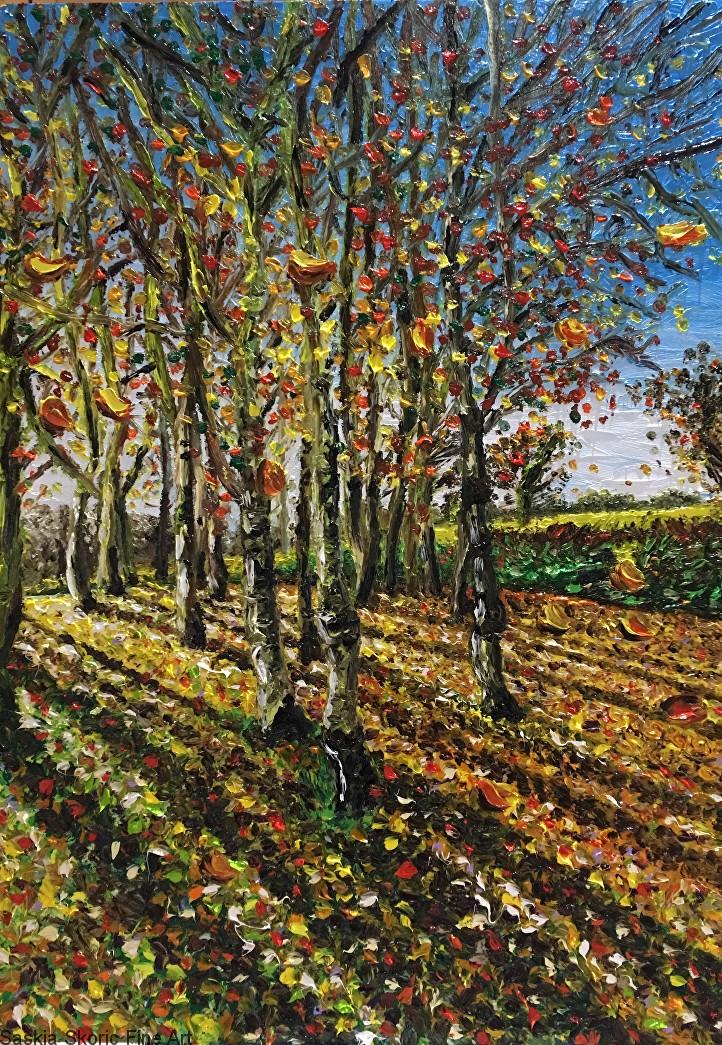 Autumnal scene landscape oil painting fingerpainting impressionist style by Saskia Skoric