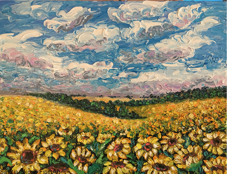 Ray of Sunflowers 16 x 23 inches Oil on Board textured finger painting by Saskia Skoric