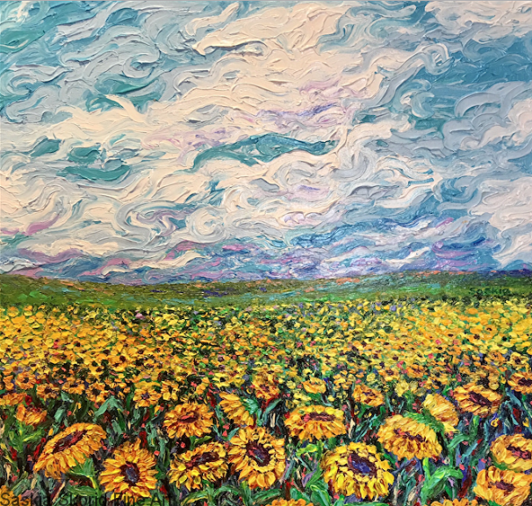 Landscape sunflowers oil on canvas fingerpainting impressionist Van Gogh style by Saskia Skoric