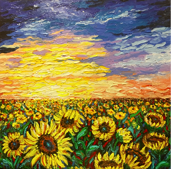 Landscape sunset sunrise sunflowers oil on canvas fiingerpainting Van Gogh style impressionist by Saskia Skoric