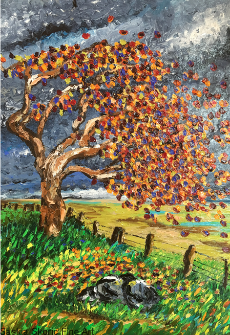 autumn landscape stormy sky Van Gogh style oil painting fingerpainting impressionist by Saskia Skoric