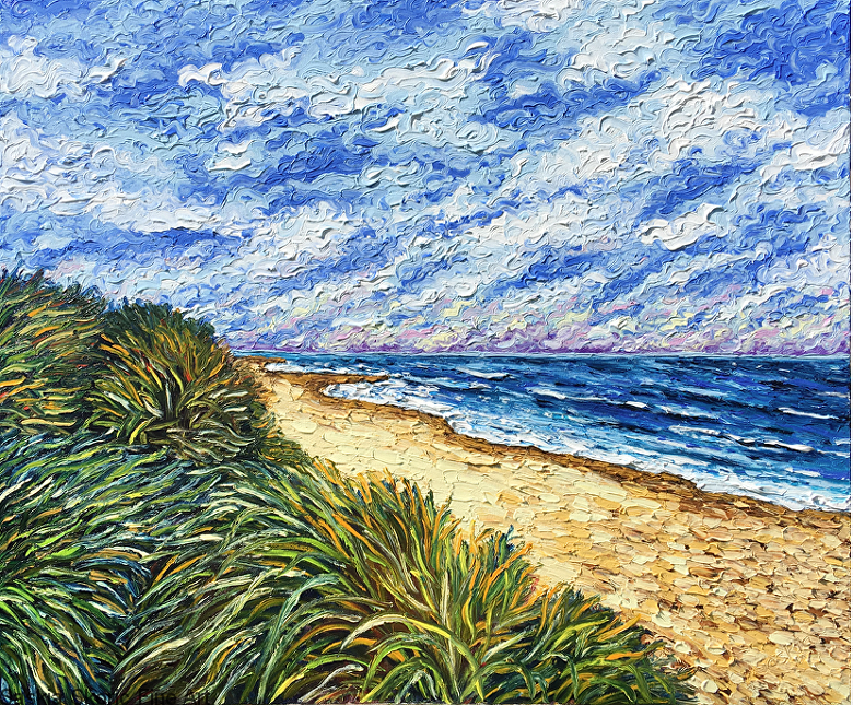 Seascape beachscape oil painting fingerpainting impressionist style by Saskia Skoric