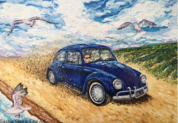 Vw beetle seascape wildlife beachscape oil painting fingerpainting imrpessionist style by Saskia Skoric