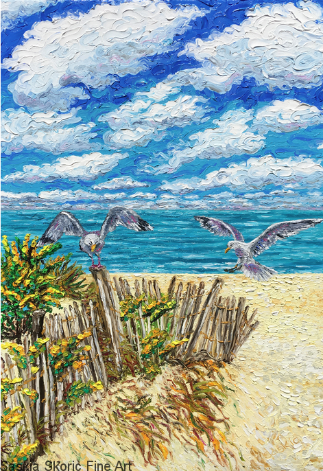 Seascape beachscape wildlife oil painting fingerpainting impressionist style by Saskia Skoric