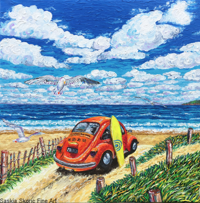 Beachscape seascape surfer vw beetle oil painting fingerpainting impressionist style by Saskia Skoric