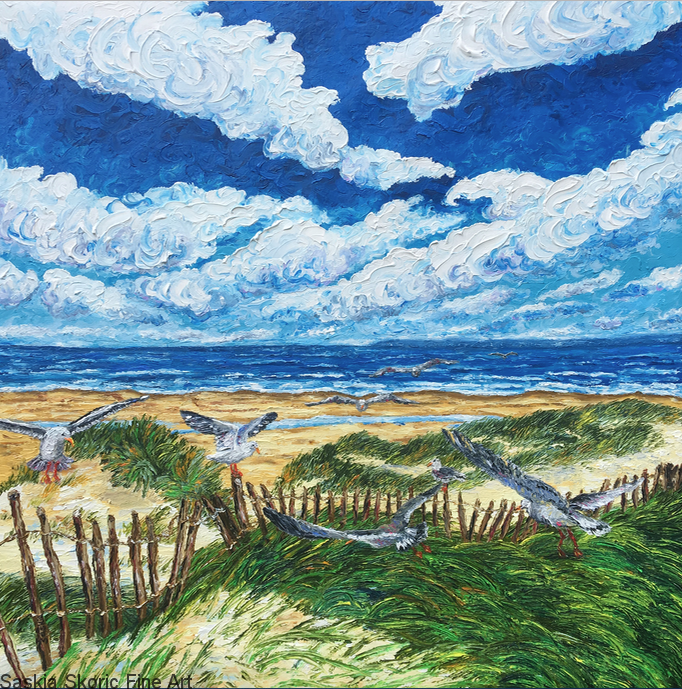 Seascape beachscape wildlife oil painting fingerpainting impressionist style by Saskia Skoric