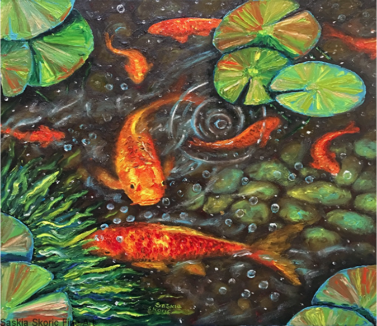 Koi Bubbles (20 x 20 inches) textured finger painting in oils by Saskia Skoric