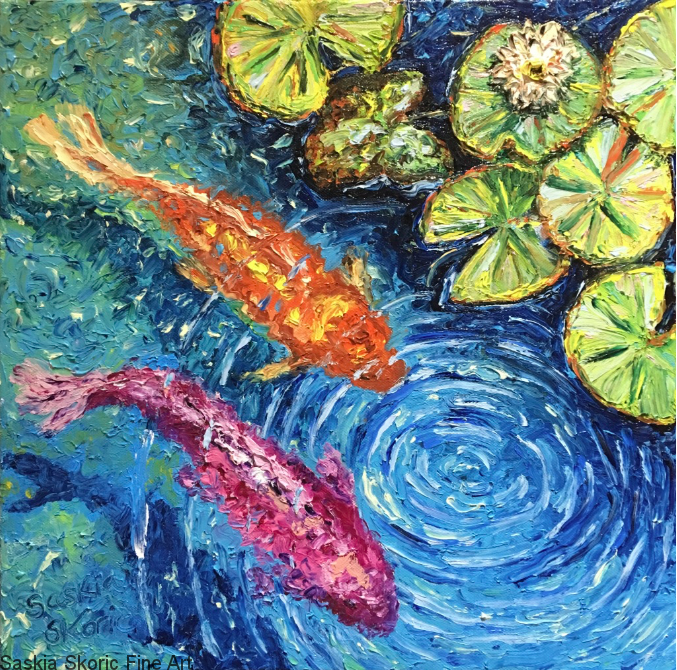 Koi Couple, Oils 16x16 inches textured finger painting by Saskia Skoric