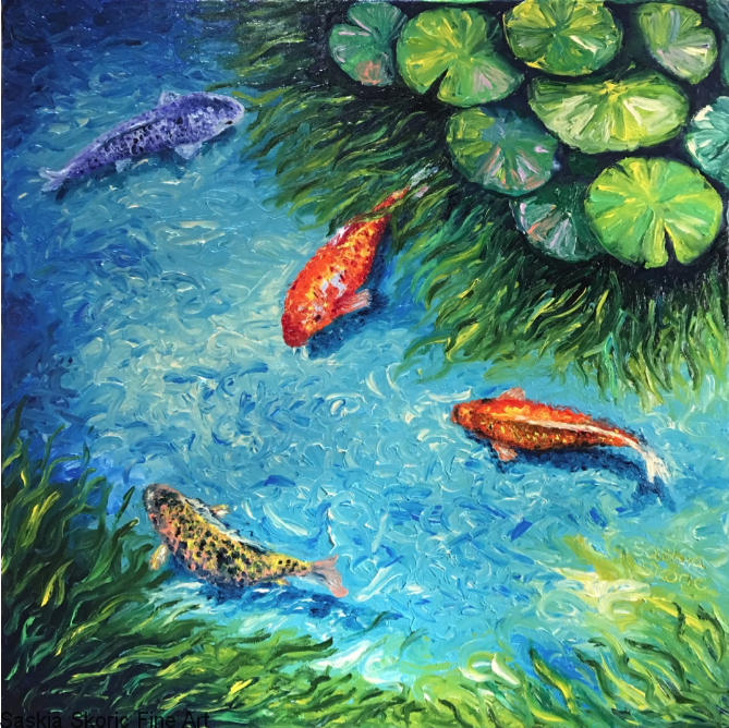 Swimming in Wishes, Oils, 24 x 24 inches textured finger painting by Saskia Skoric