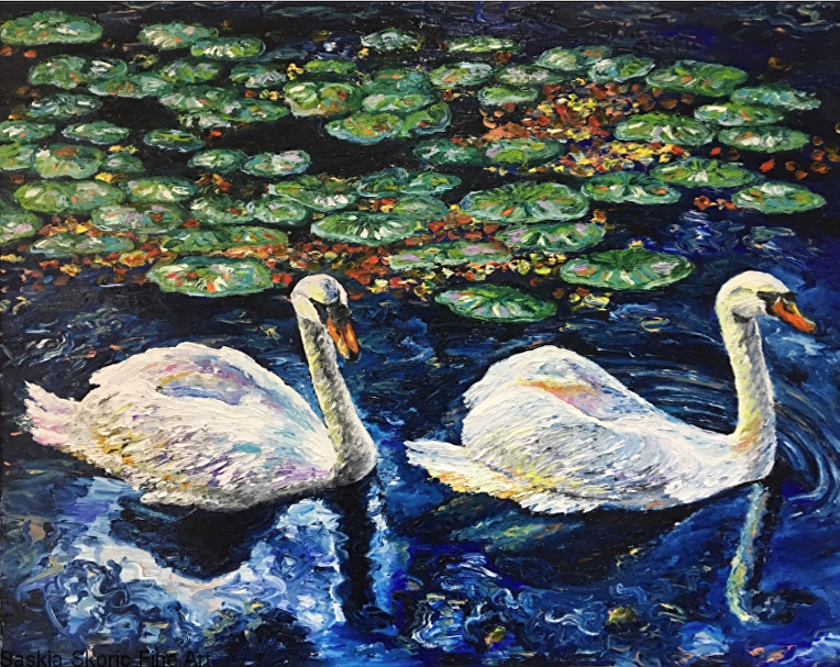 Together Afloat, Oils, 24x30 inches textured oils finger painting by Saskia Skoric